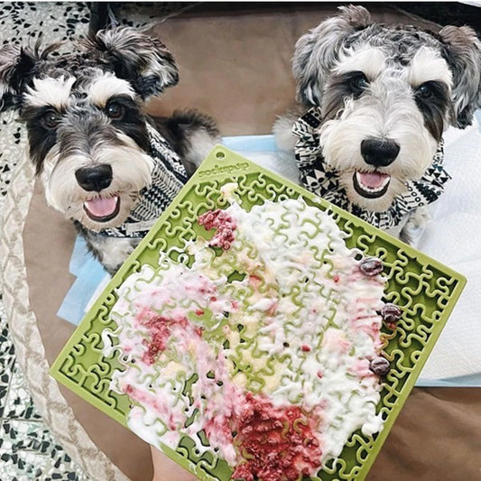 dogs with green olive lick mat