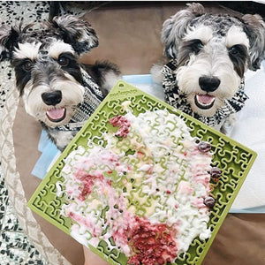 dogs with green olive lick mat